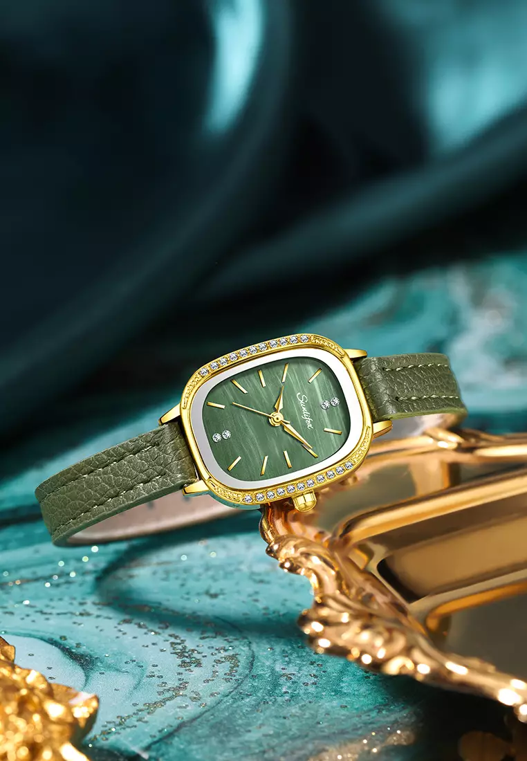 Jam Tangan Wanita Korea Elegan Berlian Vintage Dial Tali Kulit Anti Air Jam Tangan Cewek A002 green