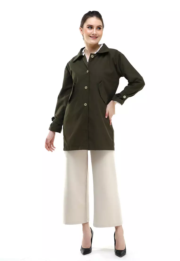 Qemsya Blazer Wanita Four Botton Casual Longsleeve Outer Material Baby Canvas ORIGINAL - Army