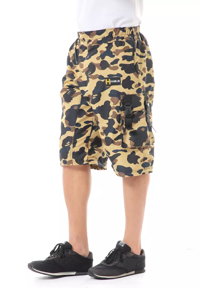 Grissham Celana Cargo Pendek Pria Short Pants Kasual Motif Loreng Material Parasut ORIGINAL - Yellow