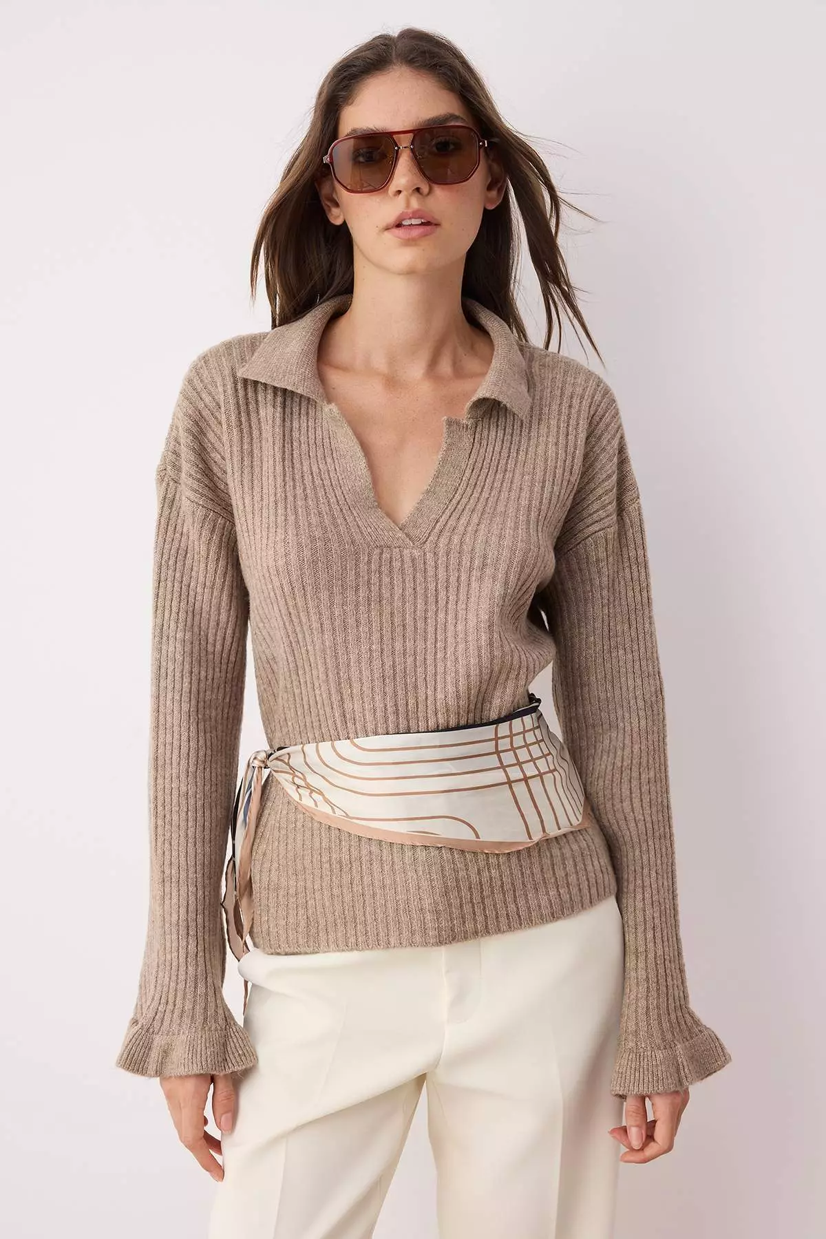 Mink Soft Textured Sleeve Flounce Knitwear Sweater