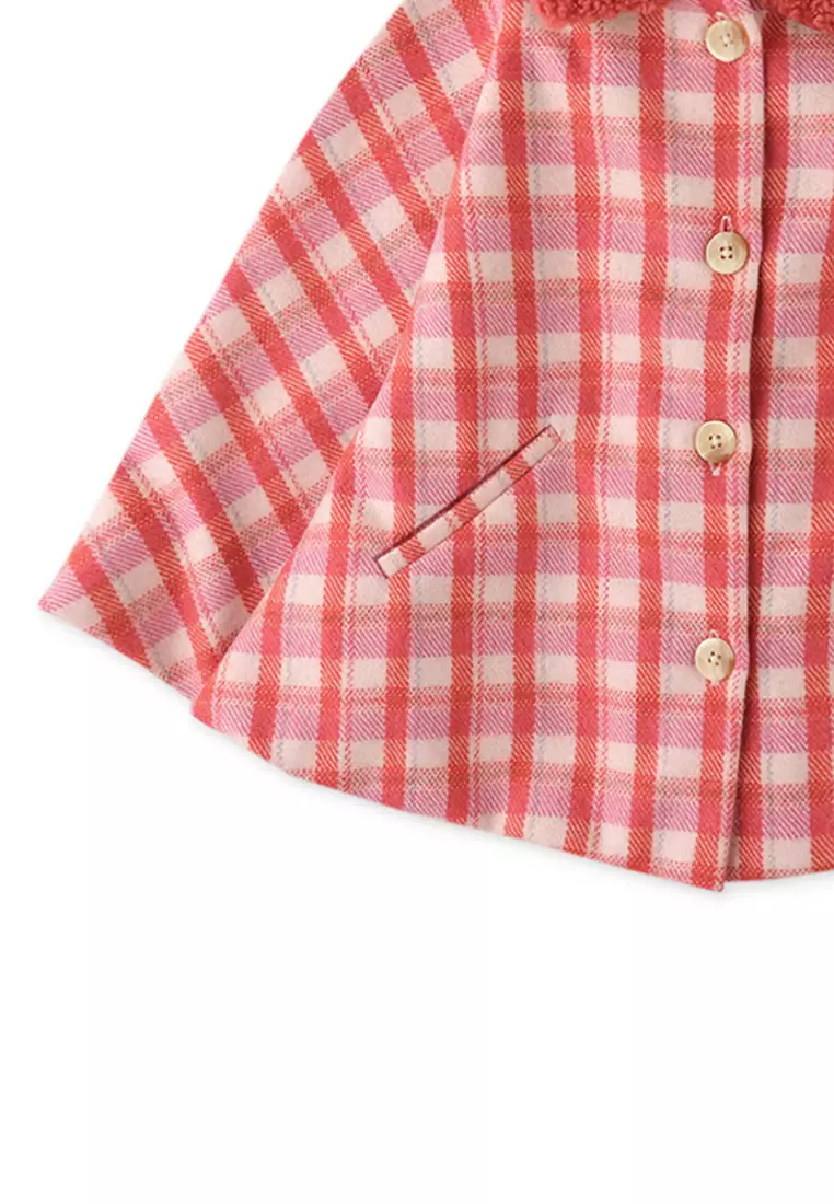 Girls Plaid Wool Cape With Faux Shearling Collar