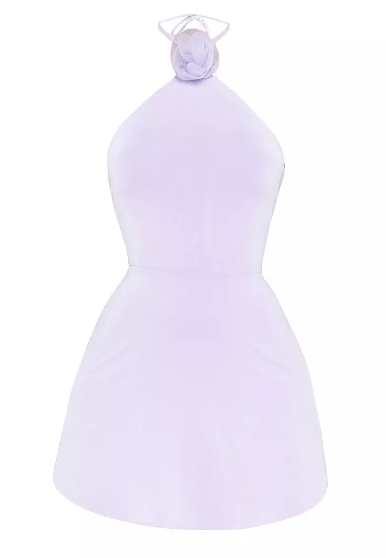 Fina Halter Mini Dress With Tulle Rose Details