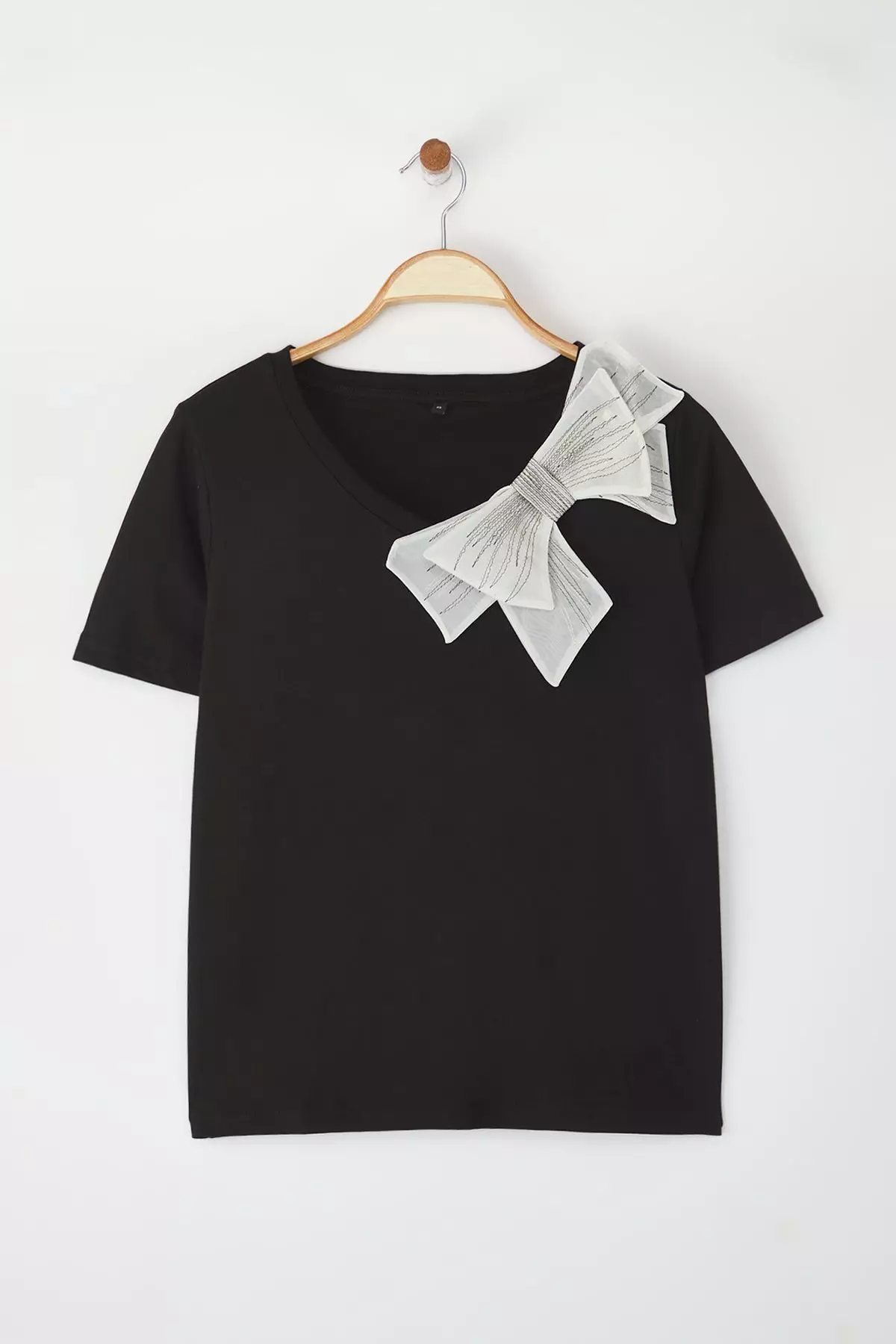 Black Bow Accessory Detail Oversize/Wide Pattern Knitted T-Shirt Twoss25Ts00044