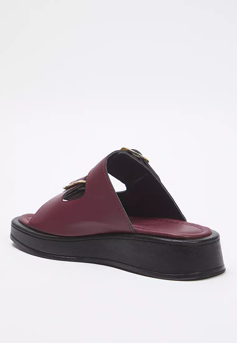 Burgundy Double Banded Buckle Detailed Thick Sole Women's Slippers Takss25Te00044
