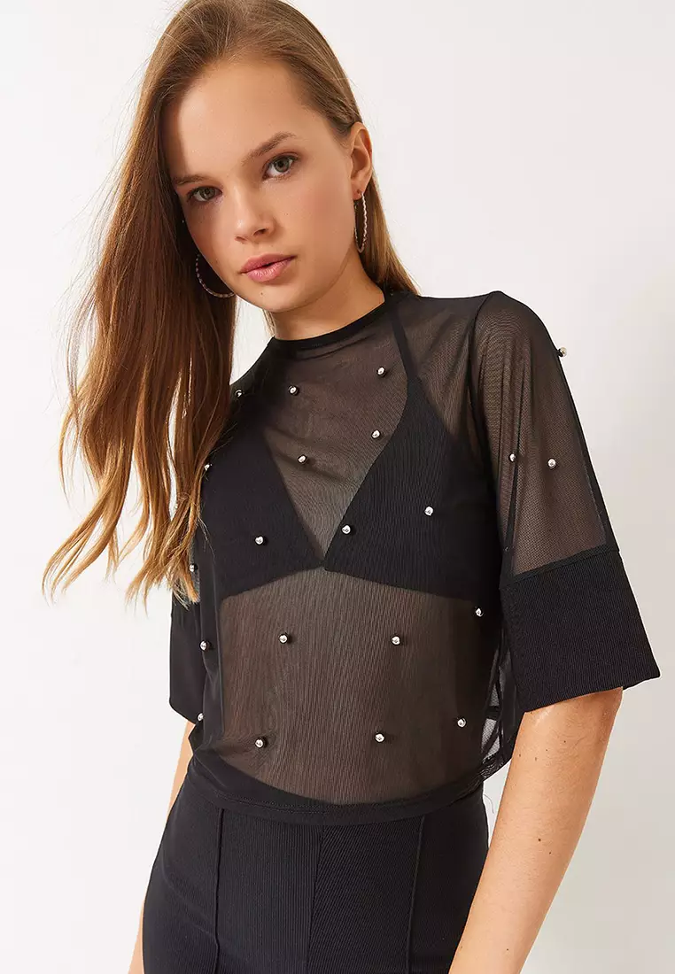 Women's Stone Printed Short Sleeve Crew Neck Transparent Blouse 60284020