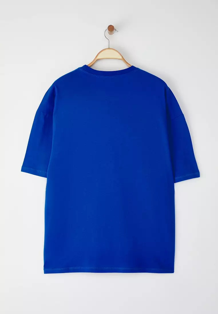Saks Oversize 100% Cotton Crew Neck Minimal Text Printed T-shirt TMNSS23TS00084