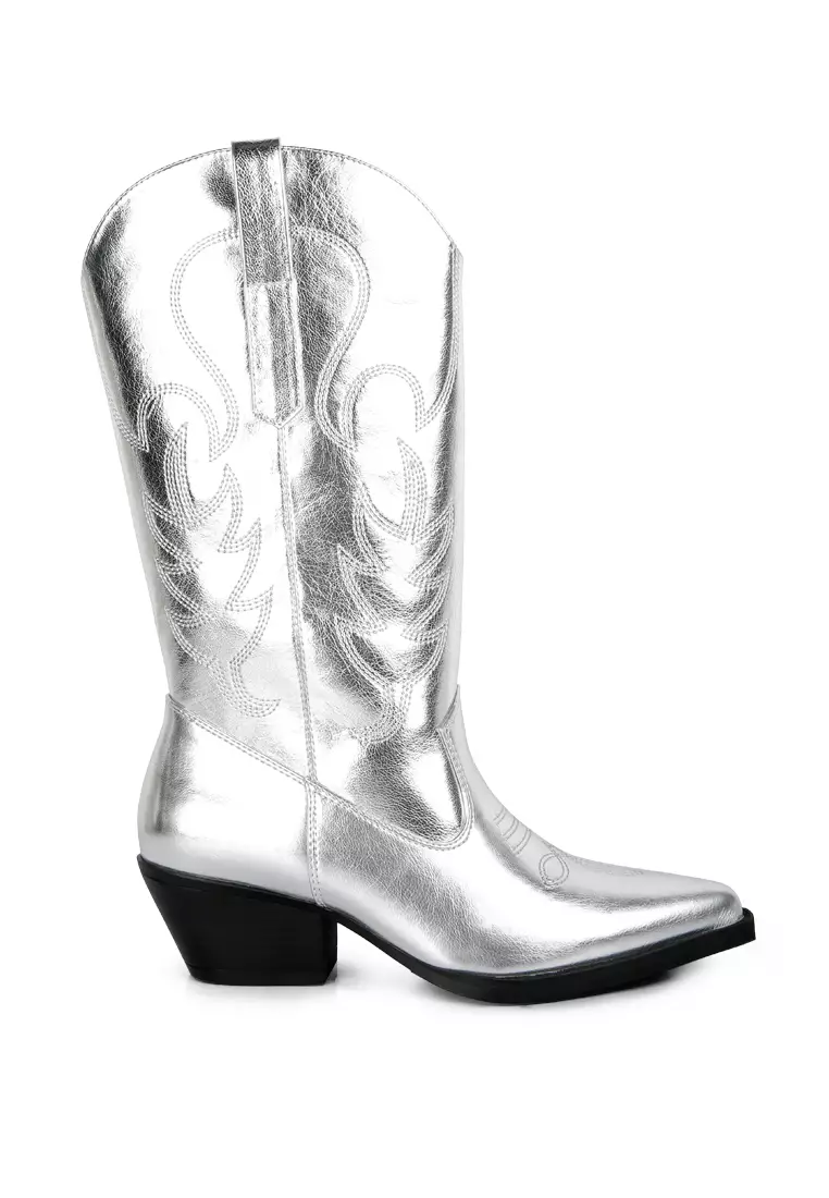 Discount on London Rag  shoes - SKU: Silver Embroidered Block Heel Cowboy Boots