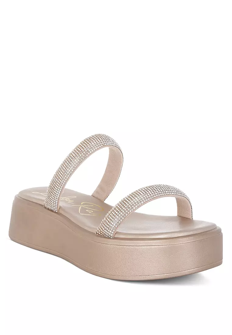 Sandal Platform Berhias Berlian Imitasi Tebal Warna Emas Mawar