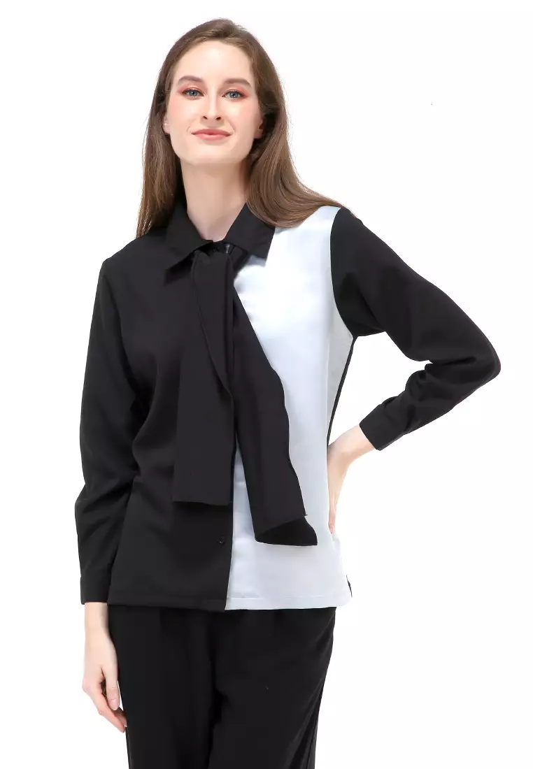 Caliya Blouse Long Sleeves Wanita Motif Polos Atasan Wanita Casual - Grey