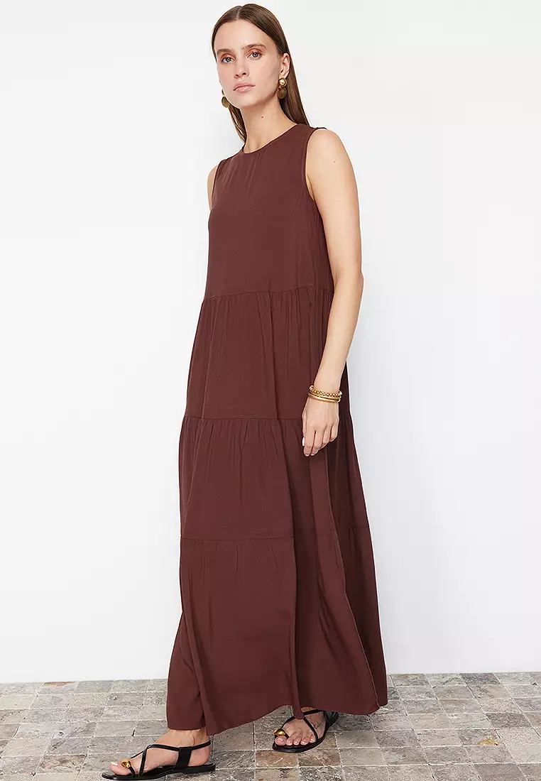 Buy Trendyol Brown Shift/Straight Cut Maxi Sleeveless Woven Dress