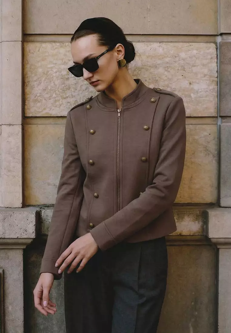 Brown Fitted/Body-Fitting Zippered Lined Button Detailed Napoleon Jacket Twoss26Ce48