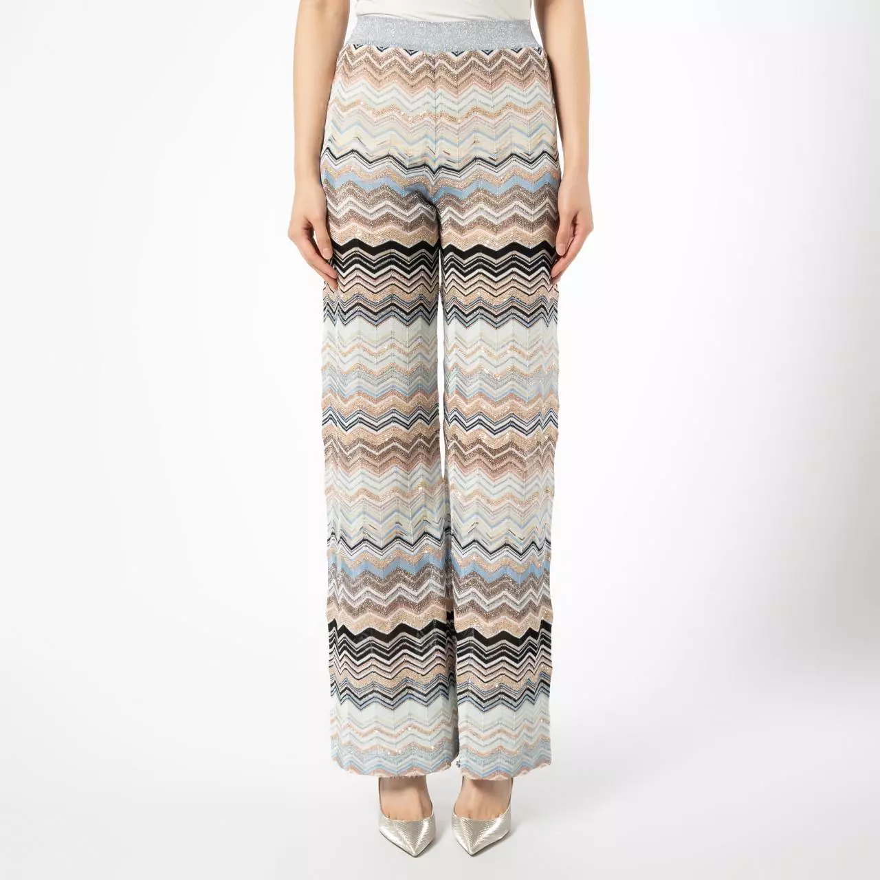 Chevron Lamé Knit Trousers with Sequins Light Blue / Beige Multicolor