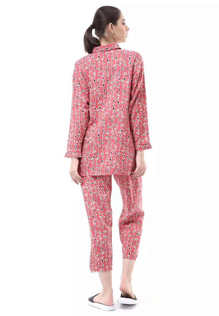 Nayra One Set Setelan Kemeja Wanita Lengan Panjang Motif Tulip Full Kancing Material Rayon ORIGINAL - Pink