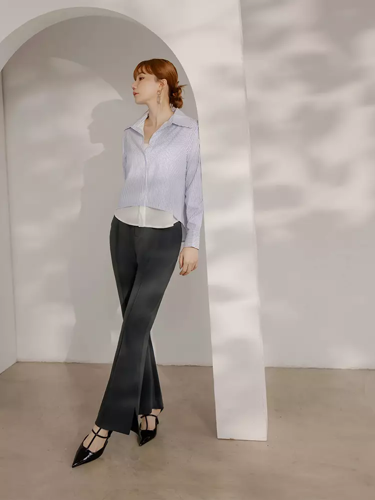 Wrinkle-resistant elastic waistband side-slit long pants [BA7572]