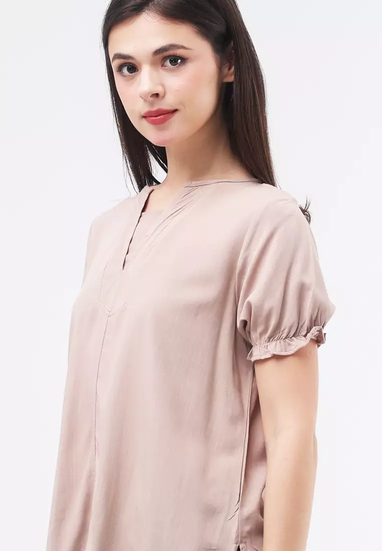 Buy Crissa Woven Plain Soft Linen Short Sleeves Blouse 2024 Online ...