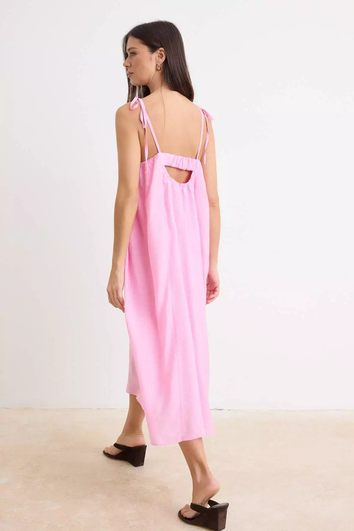 Pink Plain Straight Cut Tie Detailed Maxi Woven Dress Twoss25El00051