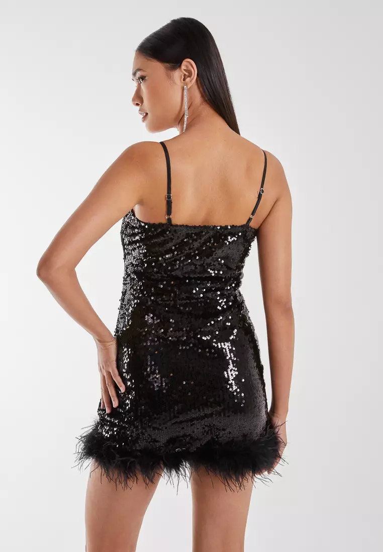Pink Vanilla Black Faux Feather Premium Sequin Mini Dress