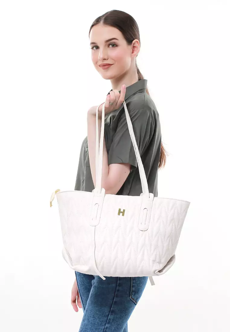 Laura Tas Kerja Wanita Tote Bag Motif Polos Large Compartment Material Leather ORIGINAL - White