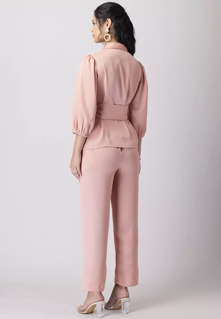 Light Pink Collared Shirt With Pants And Belt Co-ord Set