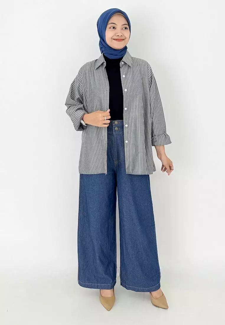 Oversized Cotton Stripe Shirt (Kemeja Katun Wanita) LD 120 cm - Hitam