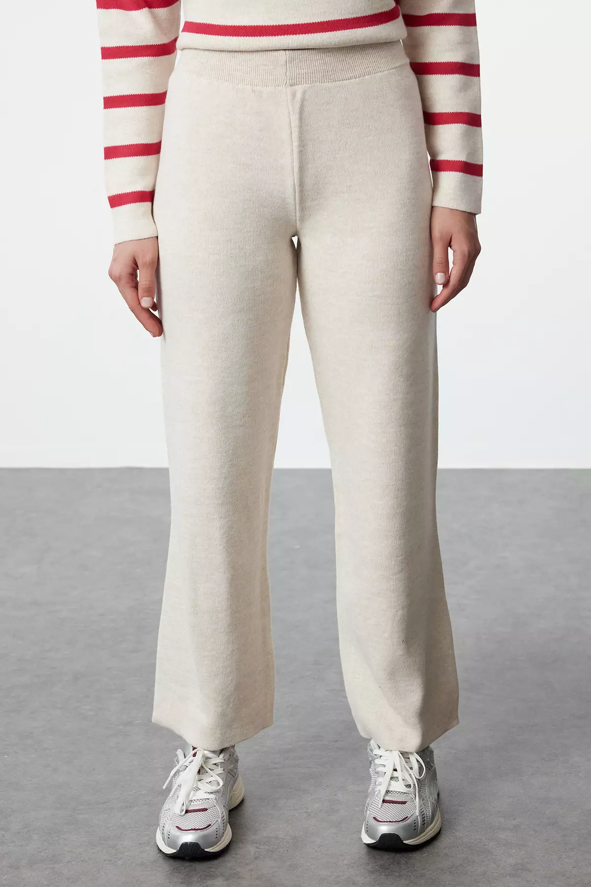 Stone Striped Knitwear Top and Bottom Set with Trousers TWOAW24AU00045