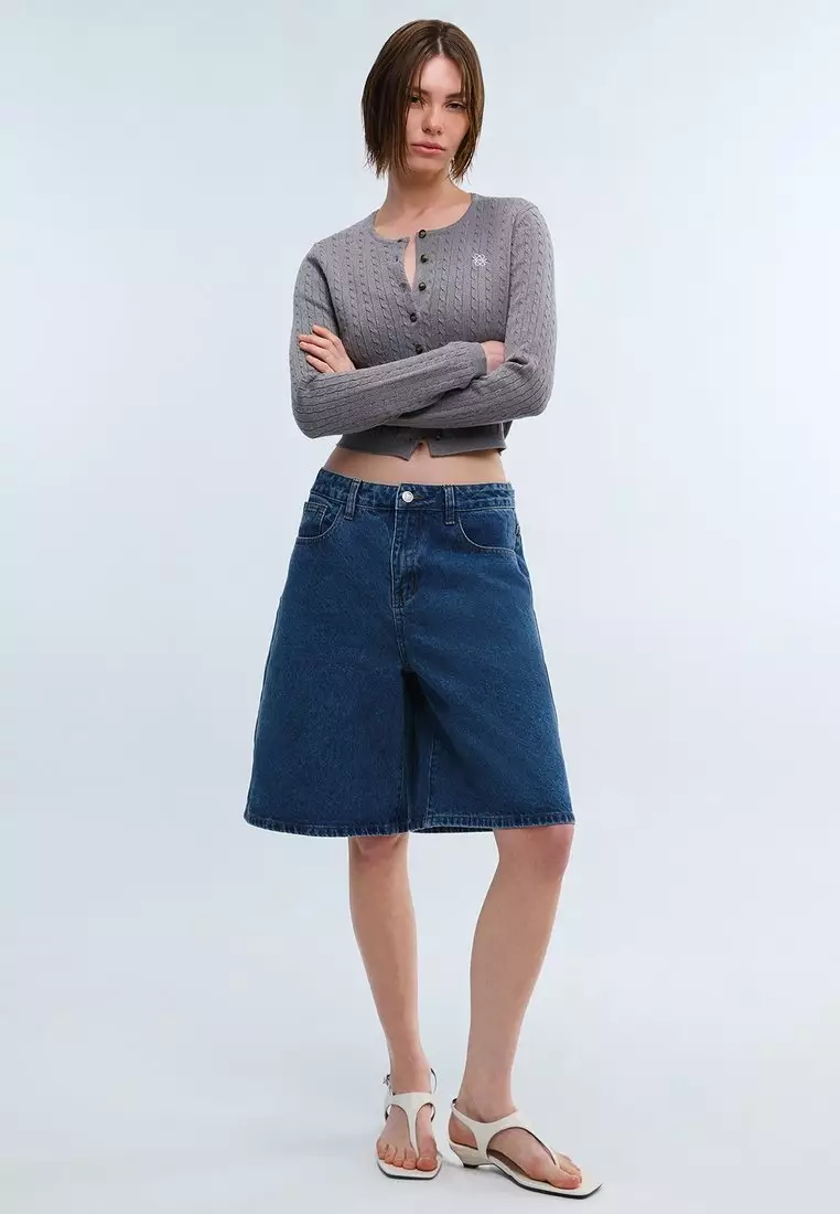 Ribbed Button Front Knit Cardigan - Grey