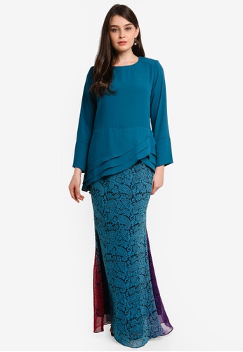Midi Kurung Chiffon Peplum Kebaya Pleated w Layered Ruffle from Zuco Fashion in Blue