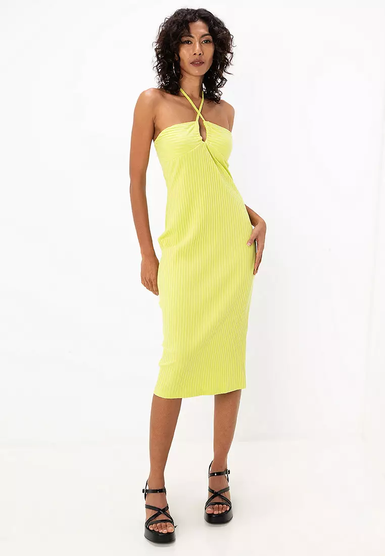 Petite Ribbed Midi with Halter Neck Tie Detail Dress