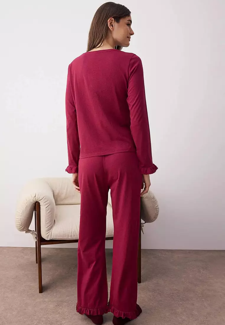 Burgundy 100% Cotton Ruffle Knitted Pajama Set Thmaw26Pt00057
