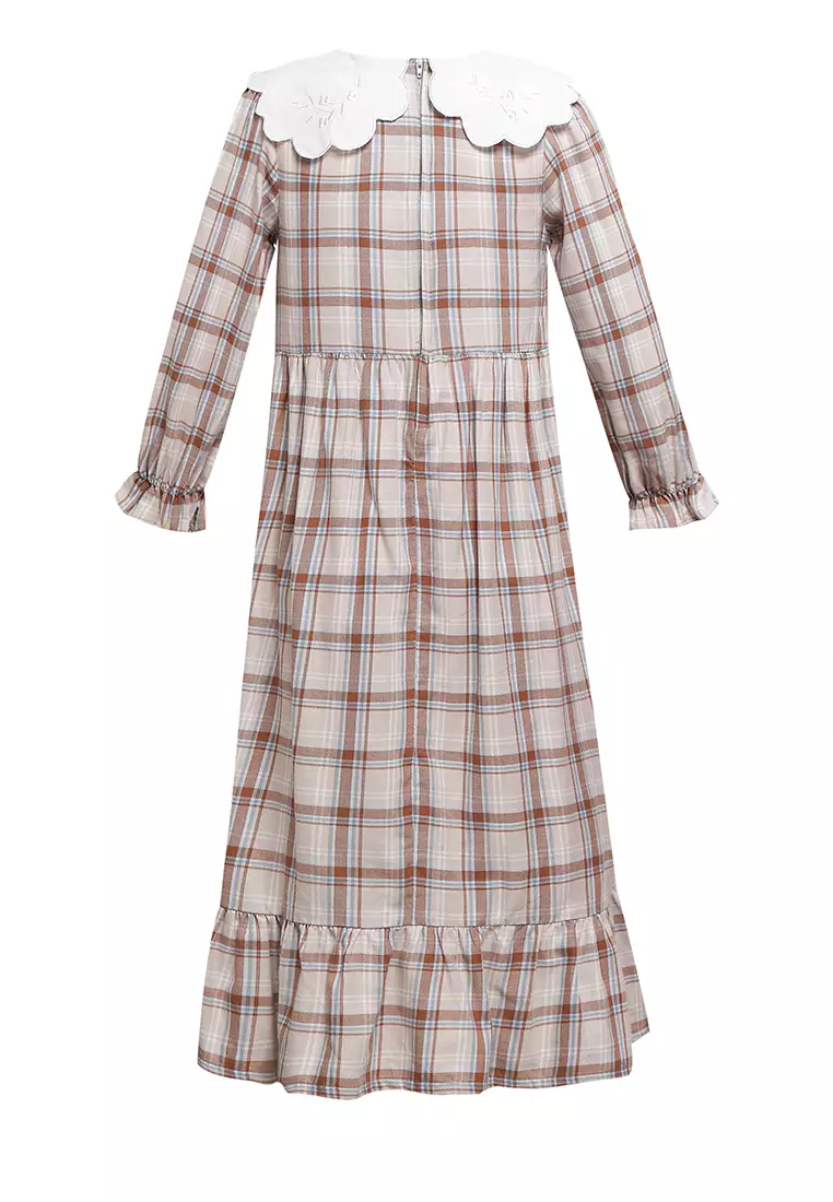 Pito Dito Girl Dynara Dress Panjang Anak Cream Muda Motif Kotak