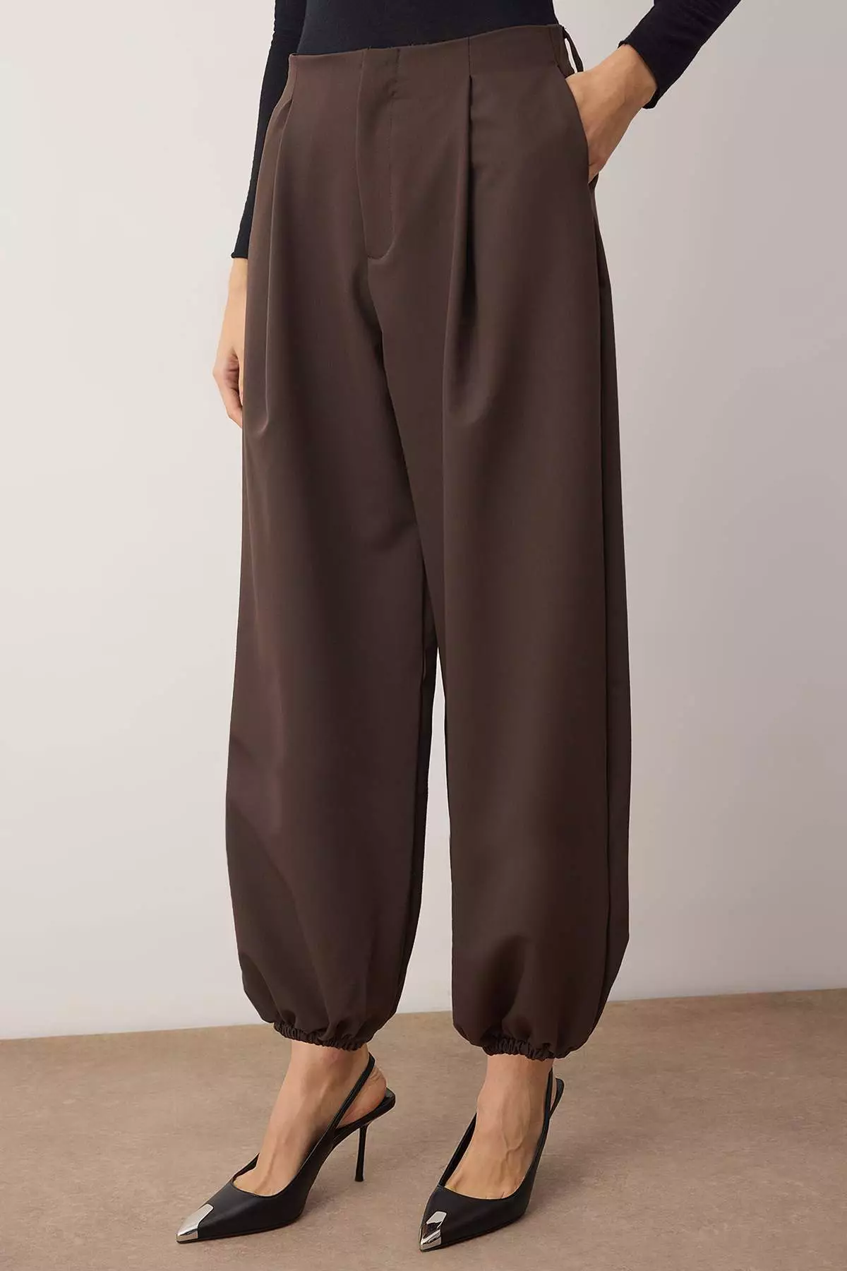 Brown High Waist Woven Baggy Trousers Twoaw26Pl169