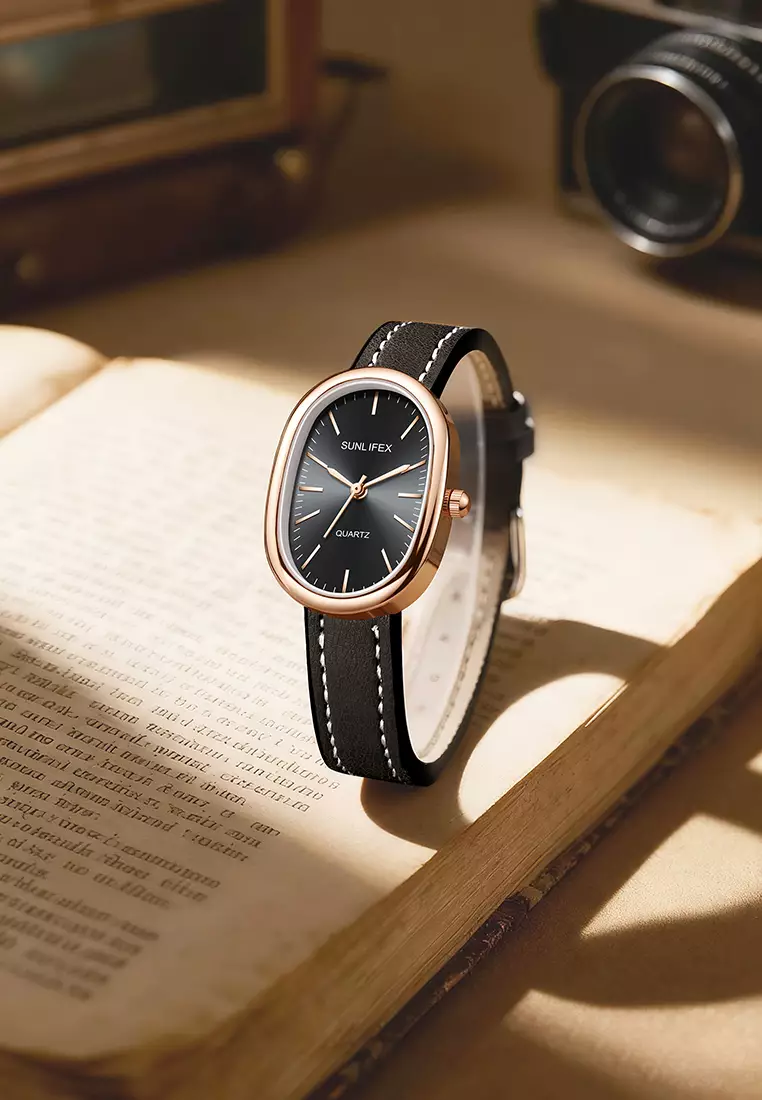Jam Tangan Wanita Anggun Kuarsa Tali Kulit Gaya Antik Korea Jam Tangan Cewek SL6083 black