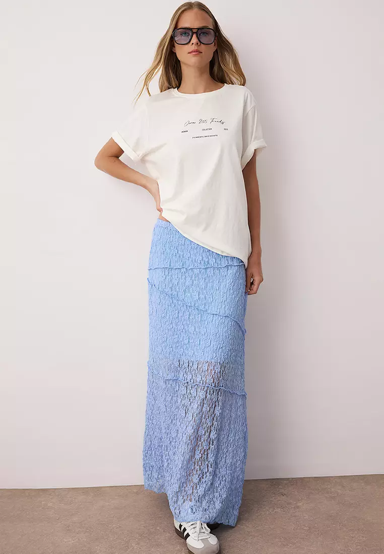 Light Blue A Line Lace Lined Maxi Skirt