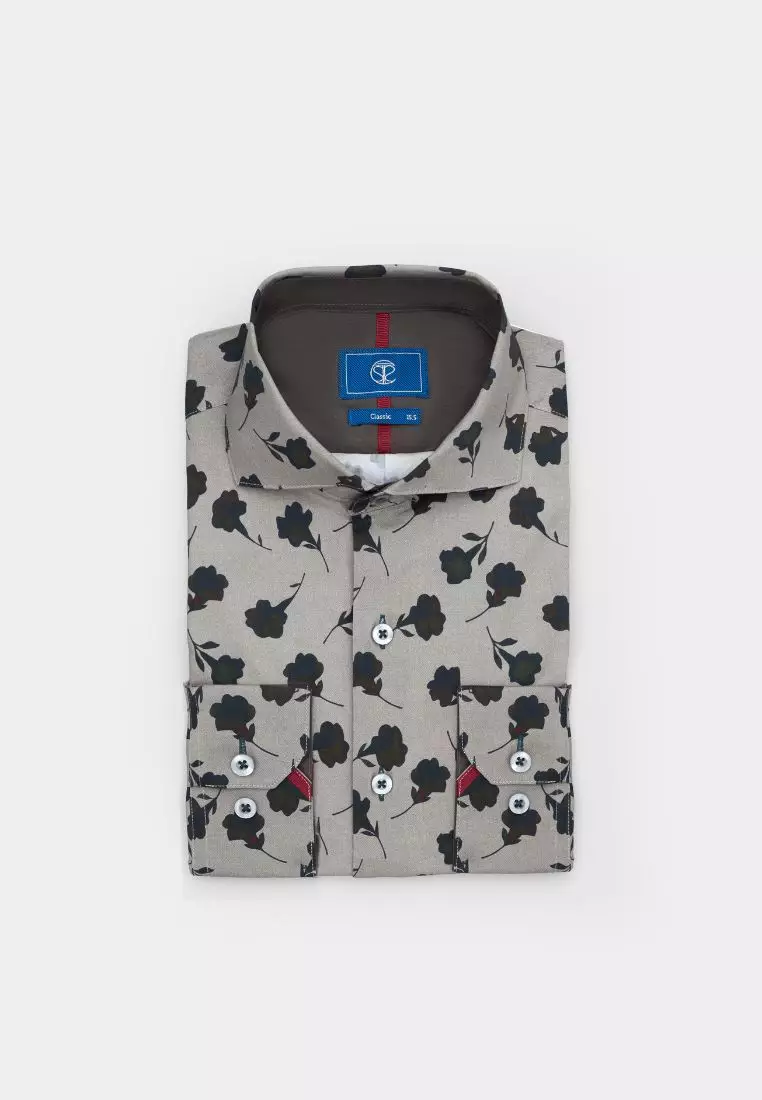 Khaki Green Floral Print Classic Fit Shirt