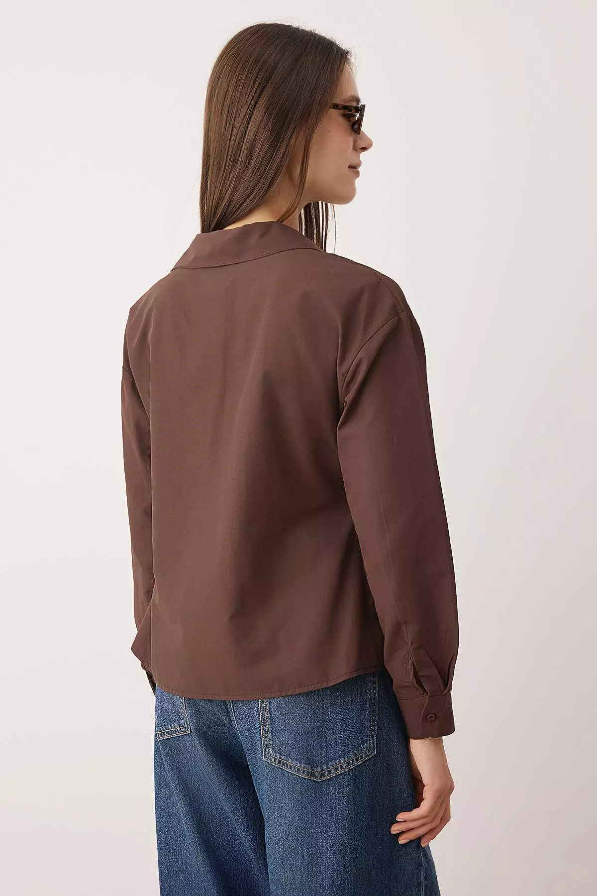 Dark Brown Double Breasted Closure Tie Detail Regular Fit Woven Shirt