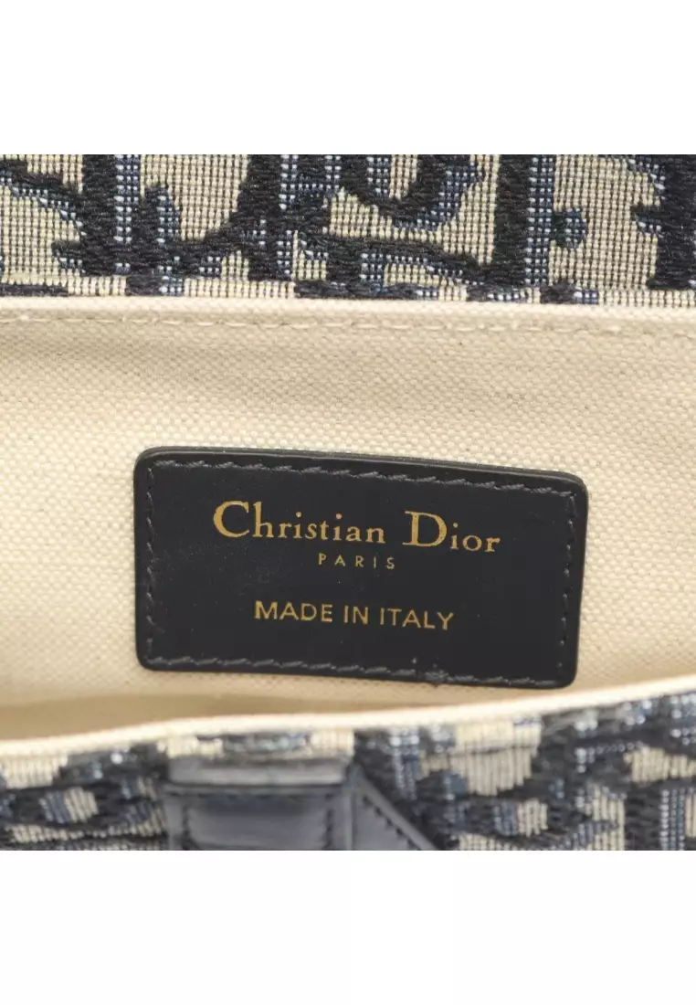 Pre-Loved Christian Dior saddle bag mini oblique jacquard Handbag canvas leather ivory Navy