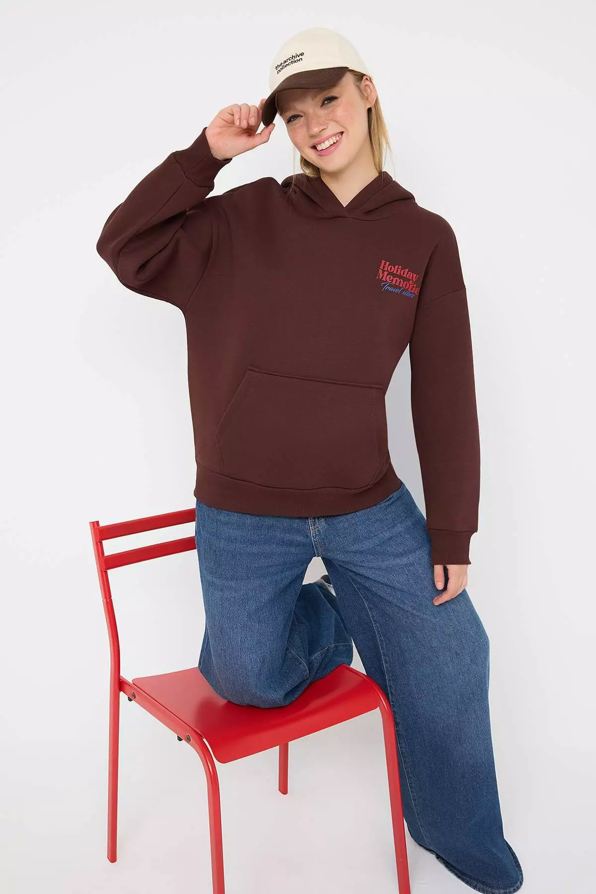 Teen Brown Back Printed Oversize Pattern Hooded Polar Fleece Knitted Sweatshirt