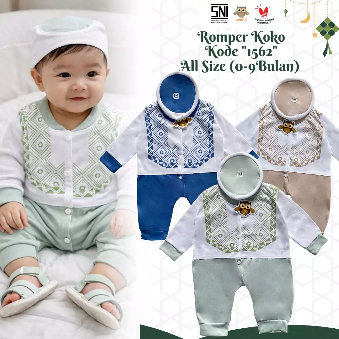 Little J - (1562 SAGE) Raya Collection Romper Koko Baby Setelan Baju Koko Bayi SNI Muslin Cowok Jumper Koko 0-9 Bulan Peci Double Knitted Sablon Aplikasi Kudung 3 Kancing Hidup