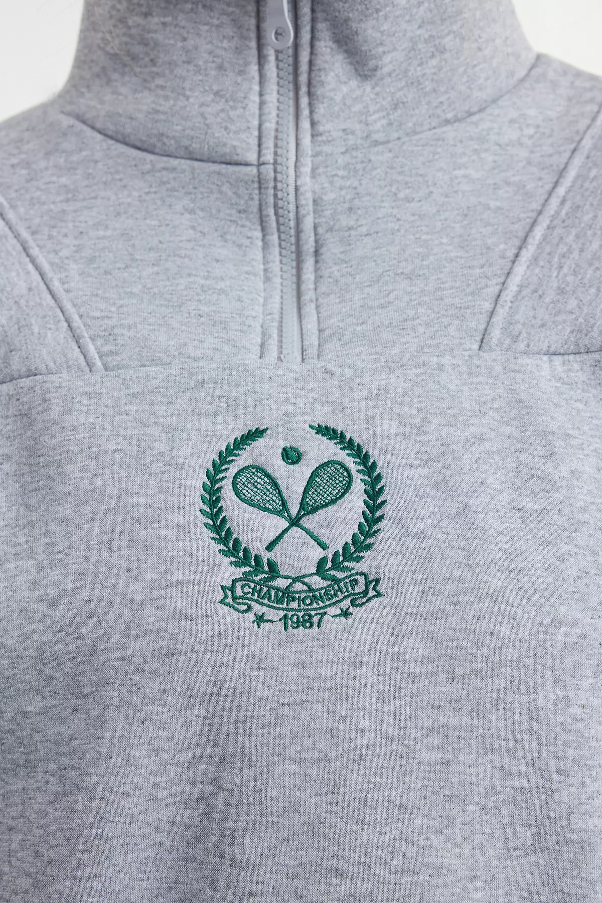 Fleece Gray Embroidered Zippered Knitted Sweatshirt Regular Fit