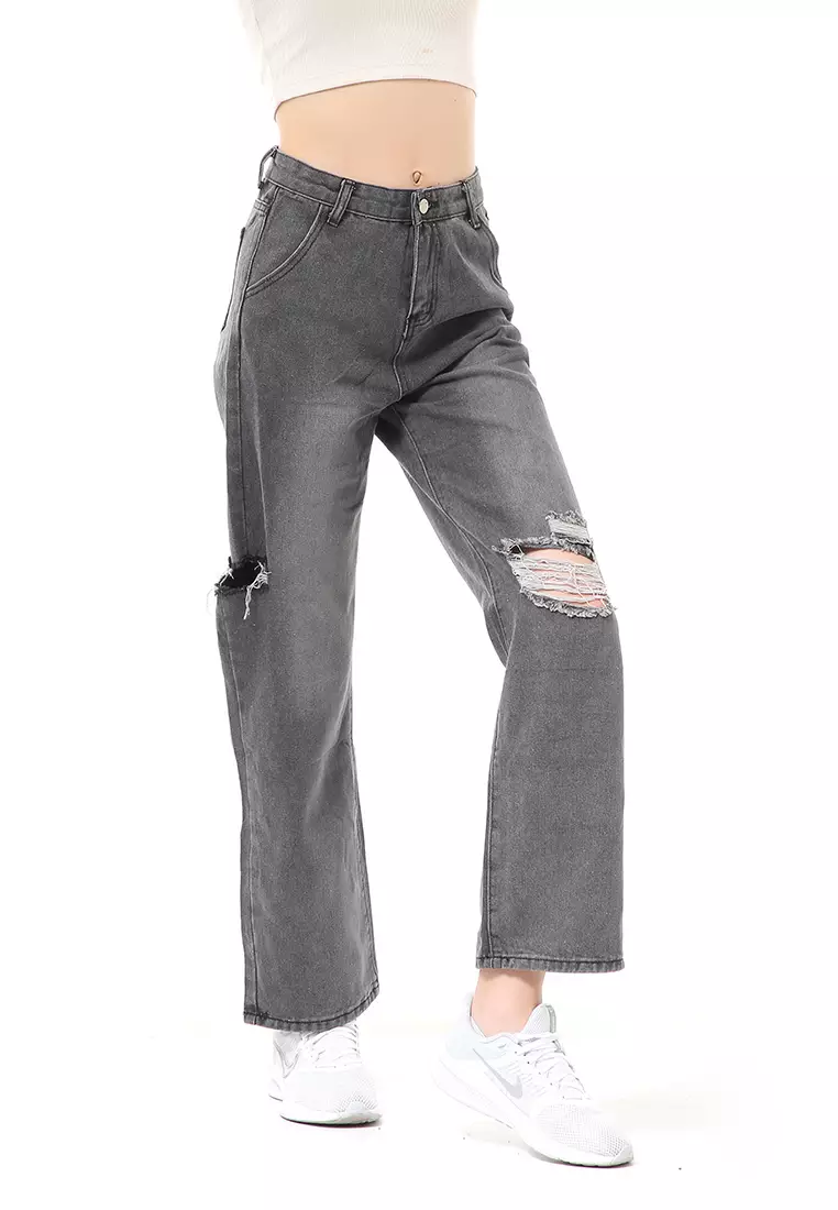 Stella Celana Panjang Ripped Jeans Wanita Stylish Material Denim ORIGINAL - Dark Gray