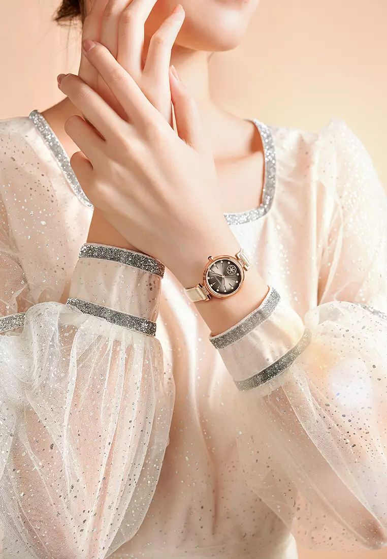 Jam Tangan Wanita Berlian Anggun Anti Air Kuarsa Tali Kulit Gaya Korea Jam Tangan Cewek