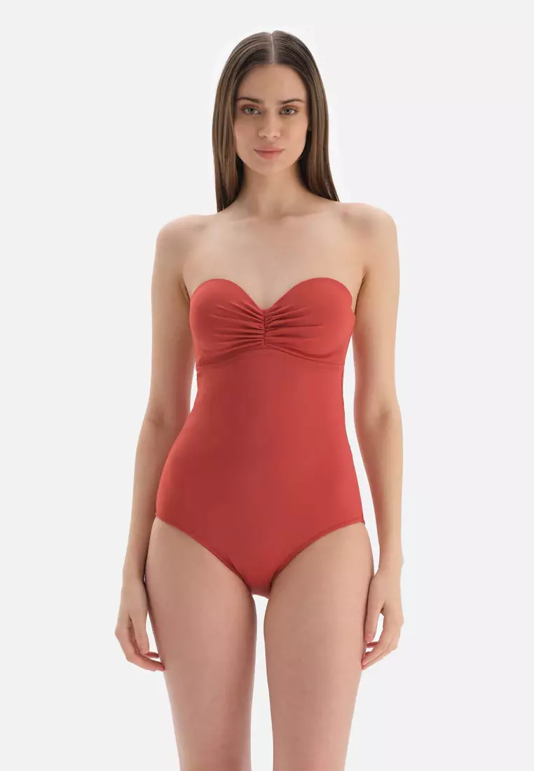 Red strapless one piece new arrivals swimsuit