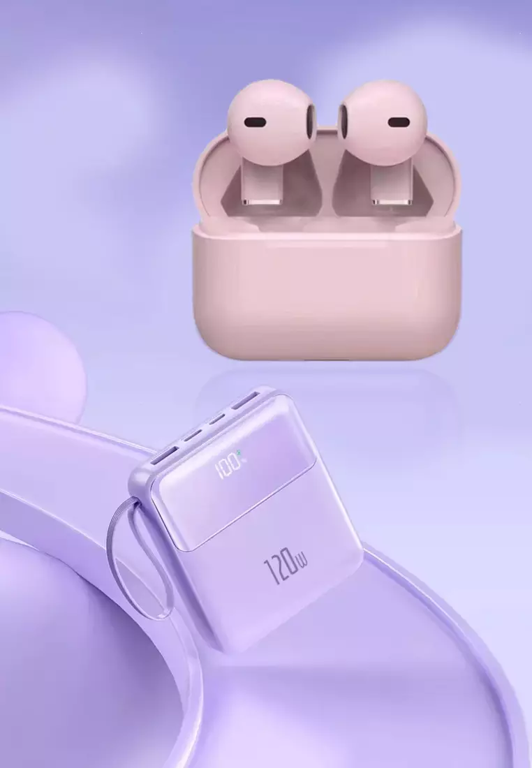 Value Deal - 5s PRO MINI Wireless Earphones - Pink + Multi Plug 120W / 30000mAh Fast Charging Power Bank - Purple