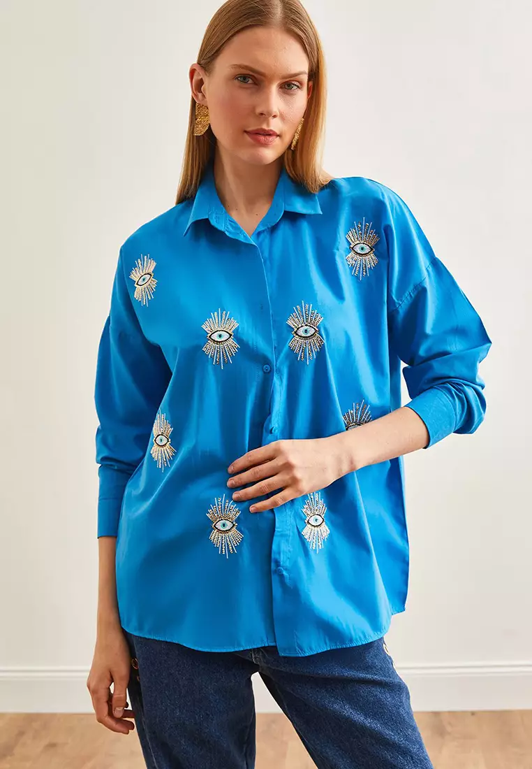 Eye Sequin Detailed Woven Boyfriend Shirt