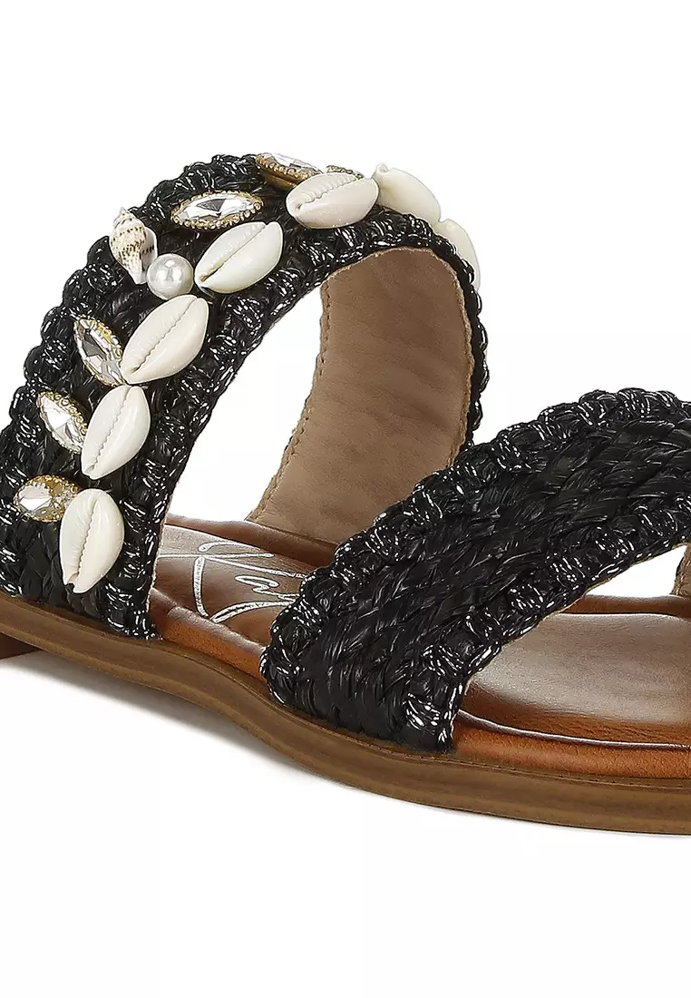 Sandal Slip-On Shell & Diamante dalam Warna Hitam