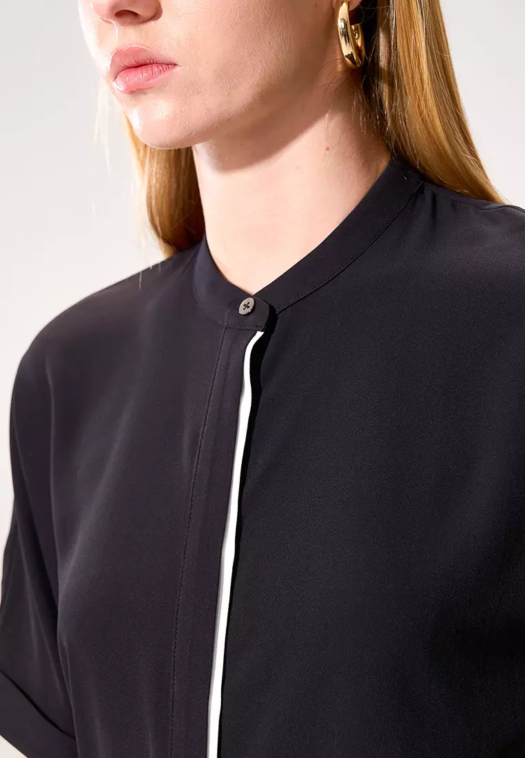 Black Color-Block Placket 3/4 Sleeve Top