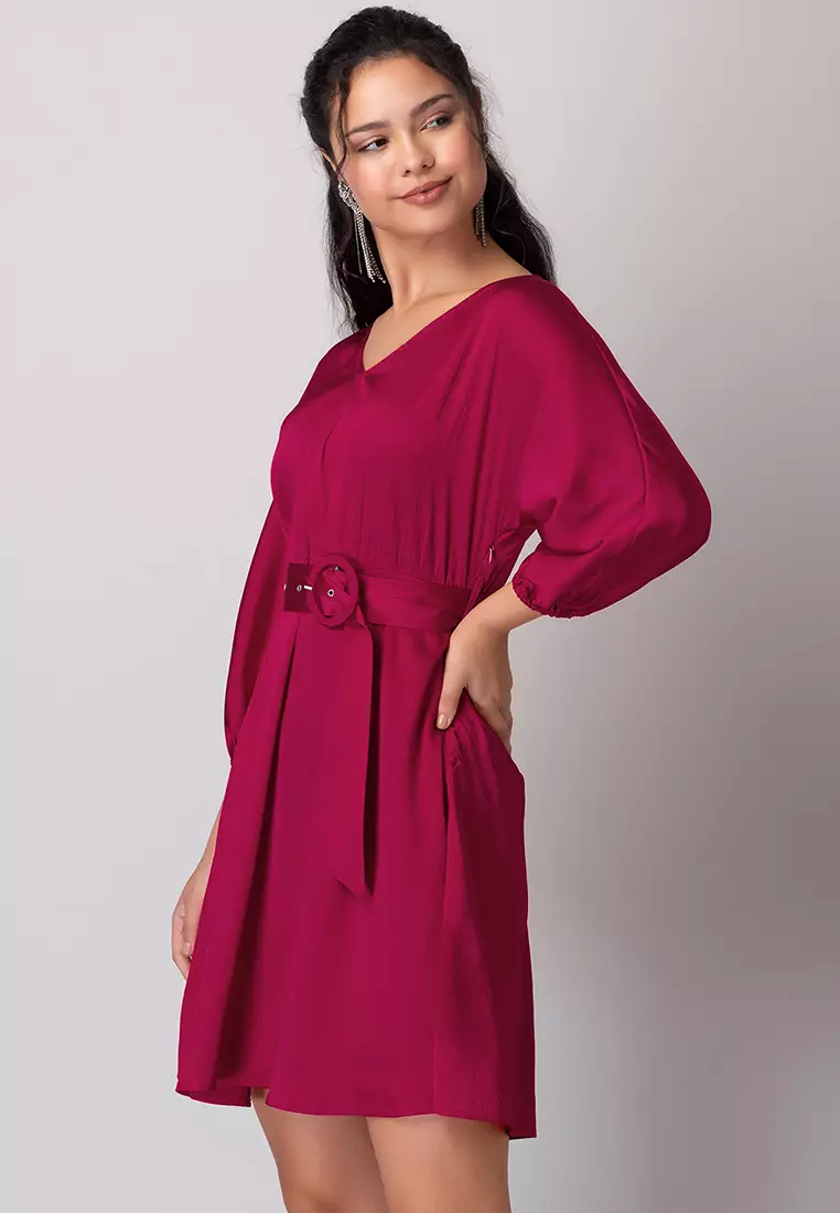 Hot Pink Satin Shift Dress With Belt