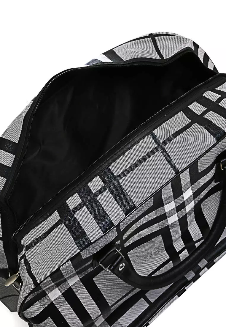 Semply Tas Travel Jinjing Bag 20 Inch Grid Motif Large Compartment Material Leather Kulit ORIGINAL - Black Grey