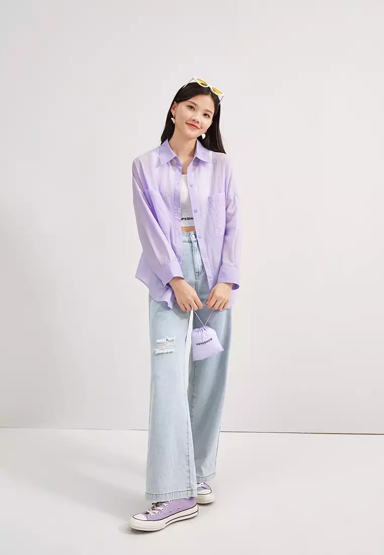 Loose Fit Semi Sheer Button Blouse