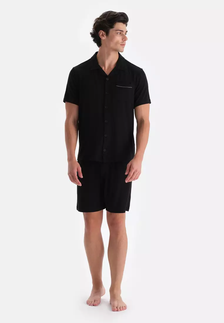 Black Shirt & Shorts, Shirt Collar, Regular Fit, Short Sleeve Sleepwear for Men